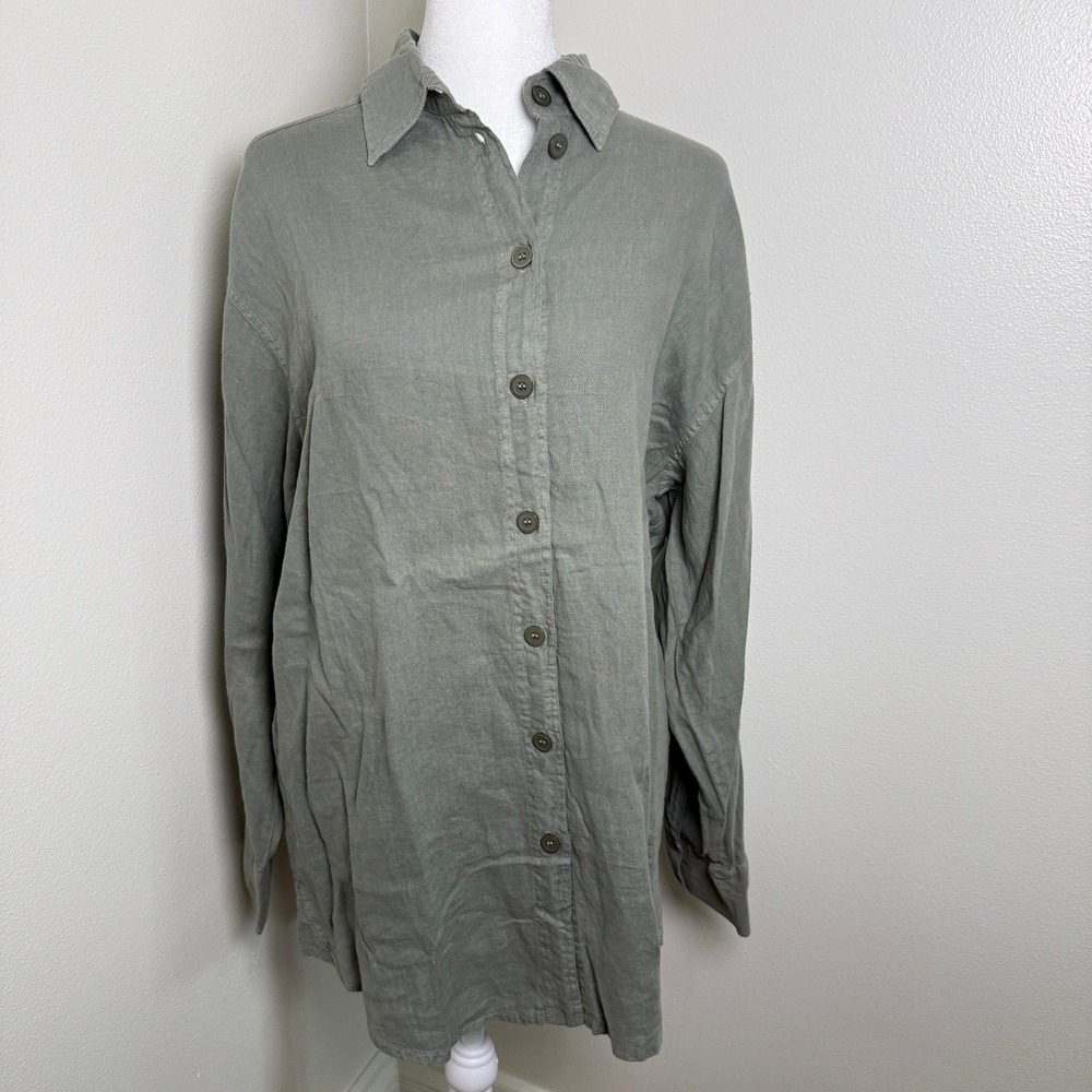 Vintage THEODORE Beverly Hills 100% Linen Button Up Sage Green Oversized NWT MED